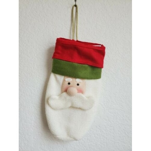 Santa Stocking Face Fleece Christmas Holiday Gift Bag Winter White Red Green 11" - Picture 2 of 5